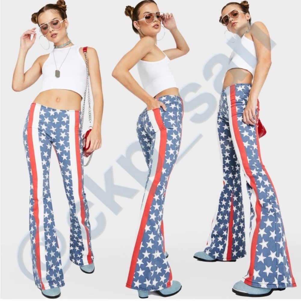 Free People Blue Star Print Flare Pants with Red Stripes